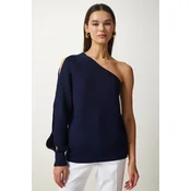 Happiness Istanbul Womens Navy Blue Window Detailed Single Sleeve Knitwear Sweater