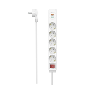 HAMA podaljšek, 5-kanalni, USB-C/A 18 W, PD/QC™, stikalo, ploščati vtič, 1,4 m, belkast