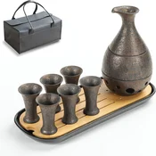 Nikcorp Japonski set za sake 10-delný keramična grelnik karafko 170 ml in 10 skodelic 25 ml s pladnjem bambus melamin vintage nadzor temperature mikrovalovna pečica pomivalni stroj