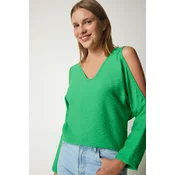 Happiness Istanbul Womens Green Off-the-Shoulder, Flowy Curtain Split Blouse