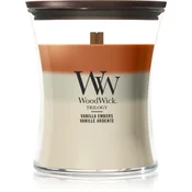 Woodwick Trilogy Vanilla Embers dišeča sveča z lesenim stenjem 275 g