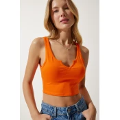 Happiness Istanbul Womens Orange Strap Crop Knitted Blouse