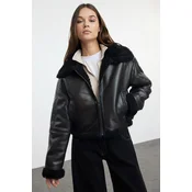 Trendyol Brown Oversize Molded Plush Detail Biker Jacket Coat