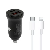 Auto Punjac 30W USB-A + Type-C ulaz sa Type-C na Lightning kablom/ siva