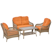 Outsunny Outsunny komplet vrtnega pohištva iz ratana PE z 2 foteljema, 2-sedežnim kavčem in mizo ter blazinami, barva kaki in oranžna, (20753046)