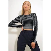 Trend Alacati Stili Ženska bluza dugih rukava ALC-X12643, Okrugli izrez, Crno-bela