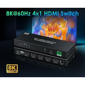 PremiumCord Stikalo HDMI 4:1 s podporo za 8K@60Hz, 4K@120Hz, 1080P, HDR, upravljanjem s tipkami in daljinskim upravljalnikom