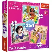 Trefl Puzzle Disneyjeve princeske: Vaina, Locika in Sneguljčica 3 v 1 (20, 36, 50 kosov)