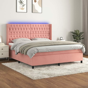 Greatstore Box spring postelja z vzmetnico LED roza 180x200 cm žamet