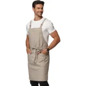 Profesionalni vodoodporni kuhinjski predpasnik unisex bež s križnimi naramnicami 80,5 x 85 cm, gastronomski predpasnik za kuhanje, 65% poliester 35% bombaž, dva prostorna žepa, pralni stroj