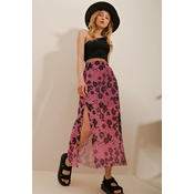 Trend Alaçati Stili Womens Pink Chiffon Skirt with slits and Lined Pattern