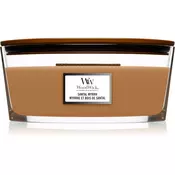 Woodwick Santal Myrrh dišeča sveča z lesenim stenjem (hearthwick) 453,6 g