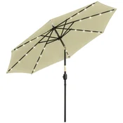 OUTSUNNY Vrtni nagibni senčnik O265 cm z 32 lučmi LED solarnimi in ročico, zunanji senčnik z 8 rebrimi, iz jekla, poliestra, za patio dvorišče balkon teraso, bež