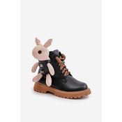Leather insulated childrens ankle boots with a zipper with a Vinceza bear black