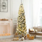 Costway Božično drevo 225 cm svinčnik s snegom in 350 toplimi belimi LED lučmi