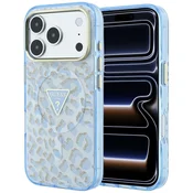 Ovitek Guess Leopard Glitter Triangle Logo MagSafe za iPhone 17 Pro Max/18 Pro Max - light blue