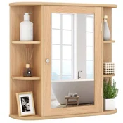 Costway Stenska kopalniška omarica 66x165x60 cm naravna z enim ogledalom in 10 policami