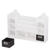 SONNENH Beli otroški knjižni regal 130 x 30 x 90 cm v obliki gradu, tri sredinske ravni za slikanice, stranske police in dve črni zložljivi škatli za shranjevanje