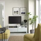 BESTA TV stalaža s fiokama, bela/Selsviken/Stubbarp svetlosiva-plava, 120x42x48 cm