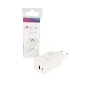 Polnilec OCTIO Volta AC65W Dual GaN, USB-A + USB-C, PD 65W, beli
