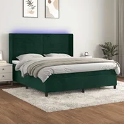 vidaXL Box spring postelja z vzmetnico LED tem. zelena 180x200cm žamet