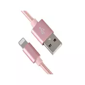 Xwave USB kabl/USB 2.0(tip A)- LIGHTNING(iPHONE kompatibilni)/dužina 2m/3A/Aluminium/roze zlatni upleteni ( USB za iPhone 2m 3A Al /rose go