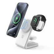 shumee Stojalo Crong MagSpot Pivot - brezžični polnilnik 3 v 1 z MagSafe za iPhone, Apple Watch in AirPods (belo)