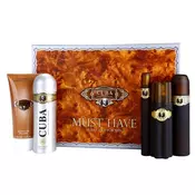 CUBA darilni set Gold II.: toaletna voda (100ml) + toaletna voda (35ml) + pršilo za telo (200ml) + gel za prhanje (200ml) + voda za po britju (100ml)