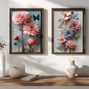 WallXpert set uramljenih MDF slika NAL198-70, ružicasti i plavi cvetovi sa leptirom u vintage stilu, 2 x 50 x 70 cm