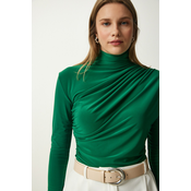 Happiness Istanbul Womens Green Gather Detailed High Collar Sandy Blouse