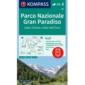 shumee Narodni park Gran Paradiso, dolina Aosta in Orco. Vodoodporni turistični zemljevid, 86. izdaja, 2024. Kompass