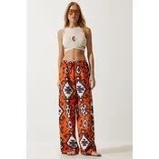Happiness Istanbul Womens Orange Patterned Raw Linen Palazzo Trousers