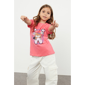 Trendyol Fuchsia Girls Slogan Teddy Bear Patterned Short Sleeve Knitted T-Shirt