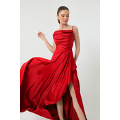 Lafaba Womens Red Ruffles and Slit Satin Evening & Prom Dress