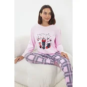 Trendyol Pink-Multicolored 100% Cotton Christmas Themed Plaid Knitted Pajama Set
