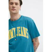 Pamucna majica Tommy Jeans za muškarce, boja: tirkizna, s tiskom, DM0DM18558