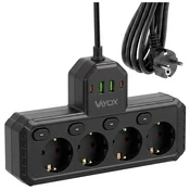 Vayox VA0469B-2 podaljšek 4 vtičnice 10A s stikali 2x USB-A 2x USB-C 2.1A 2 m črne barve