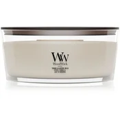 Woodwick Tonka & Almond Milk dišeča sveča z lesenim stenjem 453.6 g