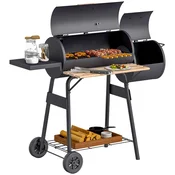 OUTSUNNY Žar na oglje s pokrovom in kadilnikom, vrtni BBQ s policami in kolesi 124x53x104 cm, črn