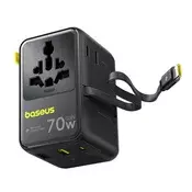 Baseus EnerCore CG11 punjačka stanica, 70W, 1xAC + 2xUSB Type-A + 1xUSB Type-C + 1xUSB Type-C automatski uvlačivi kabel, crna E0307E00