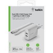 Belkin Dual USB-A Punjac, 24W incl. Lightning Cable 1m, white