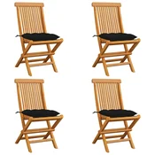 Vrtne stolice s crnim jastucima 4 kom od masivne tikovine