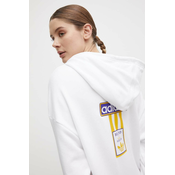 Bombažen pulover adidas Originals ženska, bela barva, s kapuco, IS2435