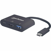Manhattan USB/HDMI adapter [1x USB-C™ vtič-1x HDMI-vtičnica, USB 3.0 vtičnica A, USB-C™ vtičnica] črne barve UL-certificir
