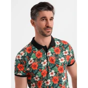 Ombre Cotton polo shirt with floral print - black