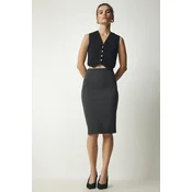 Happiness Istanbul Womens Anthracite Slit Steel Knitted Skirt