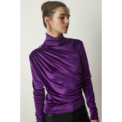 Happiness Istanbul Womens Purple Gathered Collar Elegant Velvet Blouse