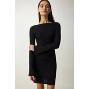 Happiness Istanbul Womens Black Boat Neck Ribbed Saran Knitted Dress
