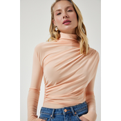 Happiness Istanbul Womens Peach Gathered Detailed High Neck Sandy Blouse