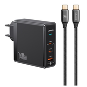 shumee Omrežni polnilnik USAMS 2xUSB-C + 1xUSB T52 PD140W PD hitro polnjenje US-CC168 + U82 USB-C/USB-C kabel US-SJ581 240W črna/črna serija UM UMXLOGTC01
